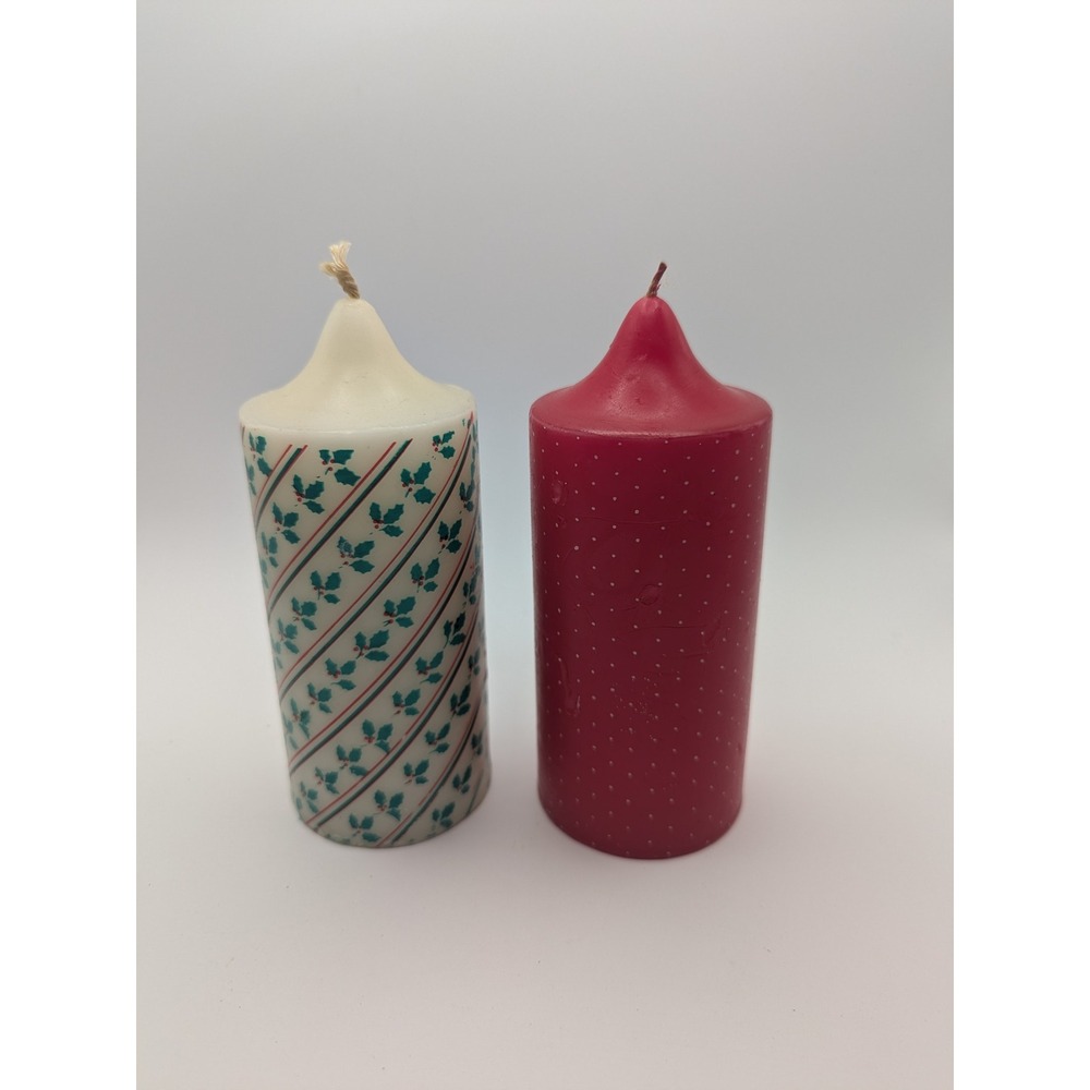 Christmas Pillar Candle Set Vtg Holly Berry Stripe and Red Polka Dot 2pc Unused